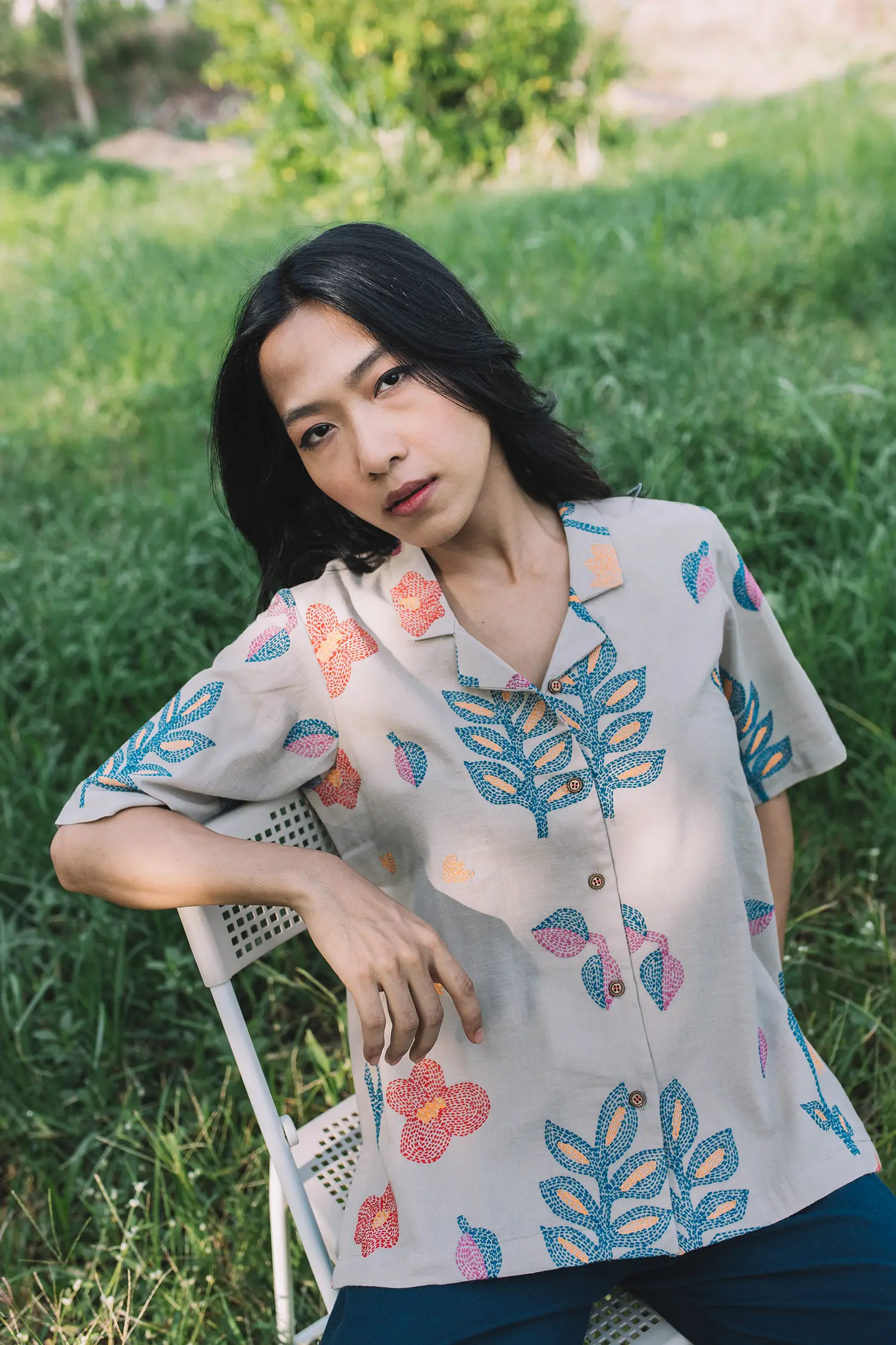 Oshibana Camp Collar Shirt - Grey